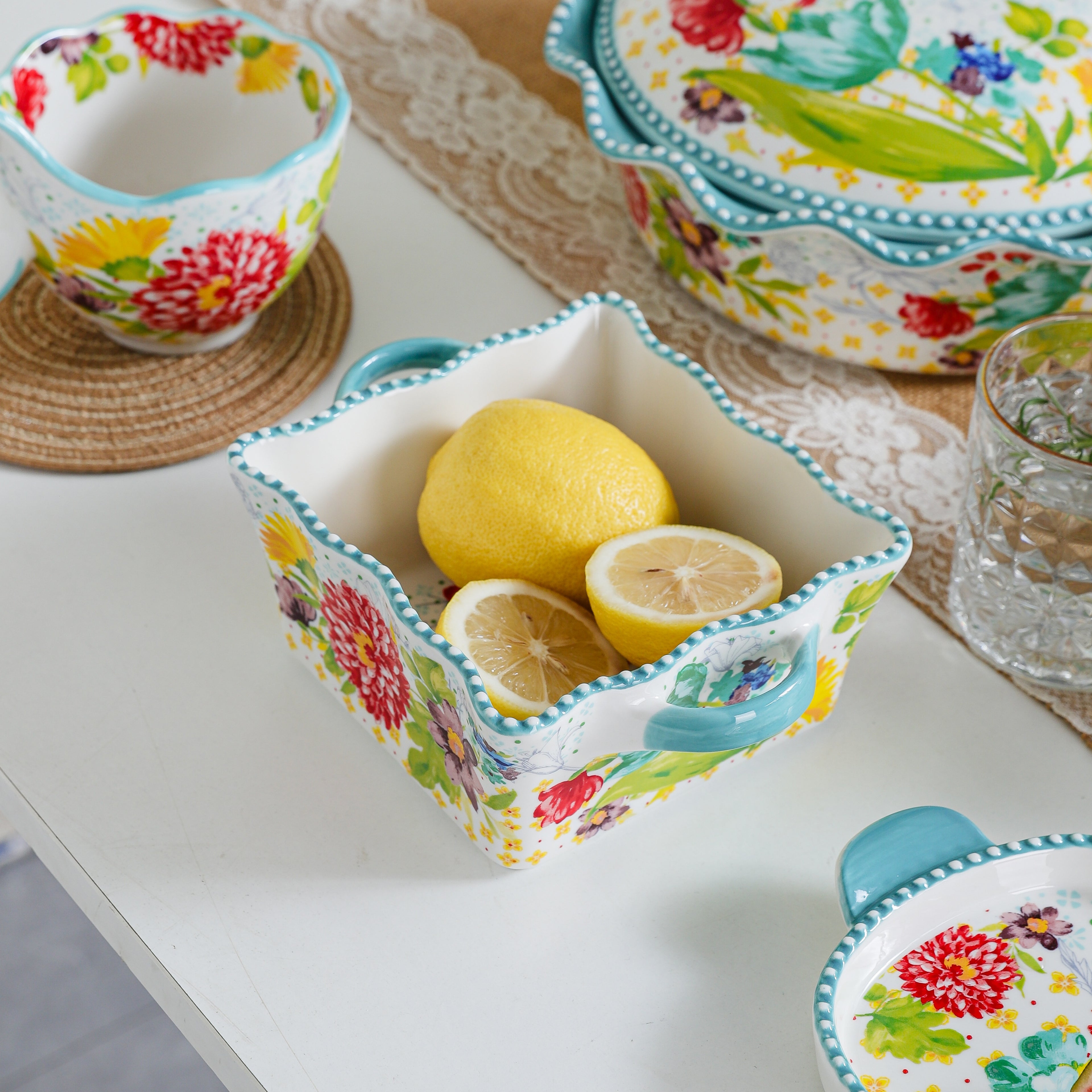 HongDian Blue Floral American Style Tableware Series,Optional Ceramic Bowl Casserole Baking Dish,Scalloped Rim,Premium Ceramic,Blue,Underglaze Non Fading,Microwave Oven Dishwasher Safe,Fruit Dessert Pasta Meal Serving Kitchen Table Decor Gift