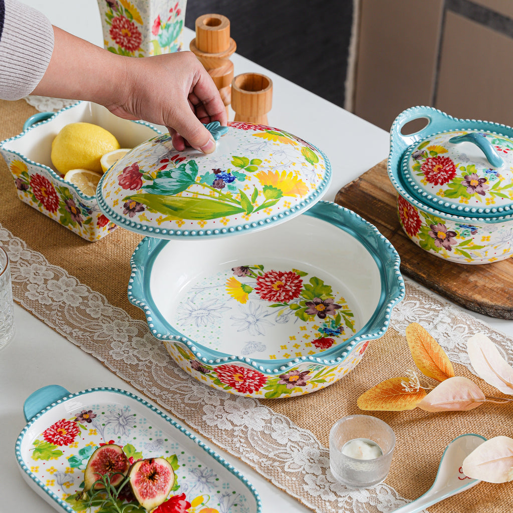 HongDian Blue Floral American Style Tableware Series,Optional Ceramic Bowl Casserole Baking Dish,Scalloped Rim,Premium Ceramic,Blue,Underglaze Non Fading,Microwave Oven Dishwasher Safe,Fruit Dessert Pasta Meal Serving Kitchen Table Decor Gift