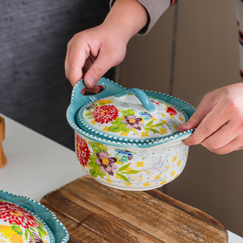 HongDian Blue Floral American Style Tableware Series,Optional Ceramic Bowl Casserole Baking Dish,Scalloped Rim,Premium Ceramic,Blue,Underglaze Non Fading,Microwave Oven Dishwasher Safe,Fruit Dessert Pasta Meal Serving Kitchen Table Decor Gift