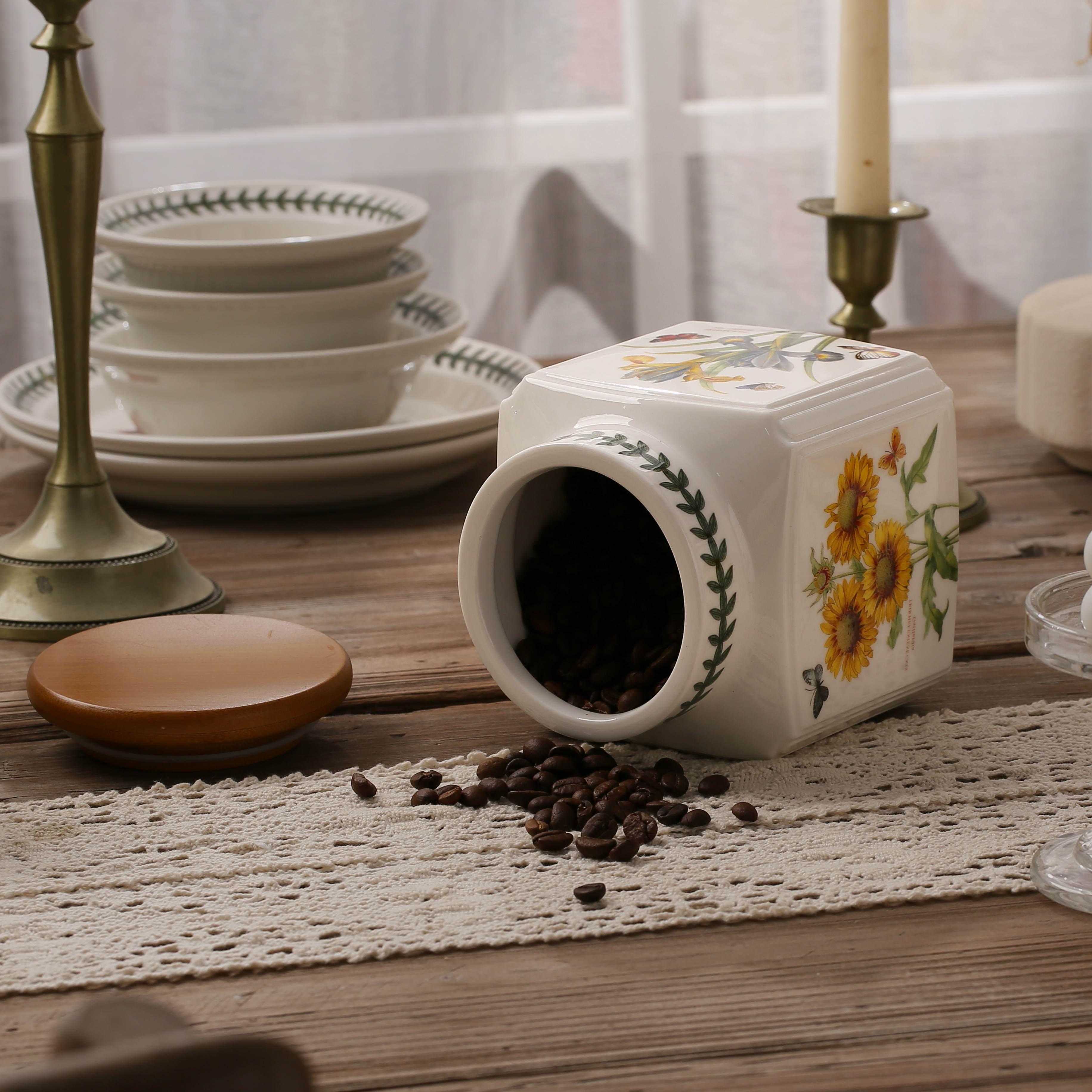 HongDian Botanical Ceramic Storage Jar,1400ml 48 oz Food Canister with Food Grade Wood Lid,Sunflower Iris Floral Pattern,Premium Ceramic,Underglaze Non Fading,Tea Coffee Sugar Snack Pantry Organizer,Afternoon Tea Kitchen Countertop Gift Decor