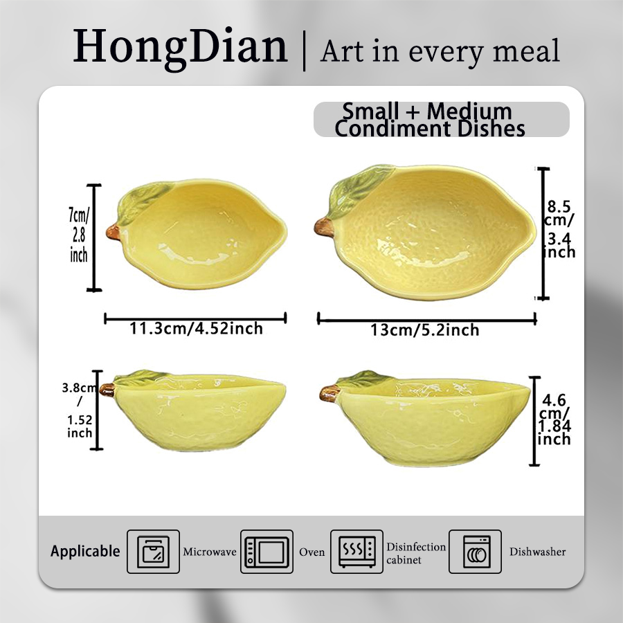 HongDian Yellow Lemon Shaped Dessert Dish 2 Pack,Small Medium Ceramic Sauce Plate,100/160ml 3/5 oz,Hand Painted Leaf Detail,Premium Ceramic,SGS Tested Underglaze Fade Resistant,Dishwasher Microwave Oven Sterilizer Safe,Tea Time Dessert Serving