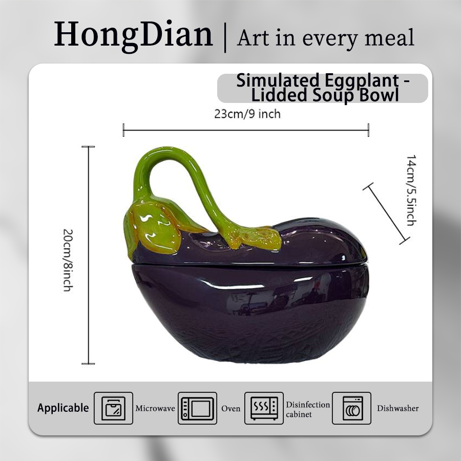 Aubergine tableware,Vegetable shaped dish,Lidded soup bowl,Serving plate,9 inch bowl,12.5 inch plate,1250ml 42 oz,Hand painted craft,Premium ceramic,Purple ceramic,Ramen serving,Stew bowl,Salad plate,Pasta plate,Dishwasher safe