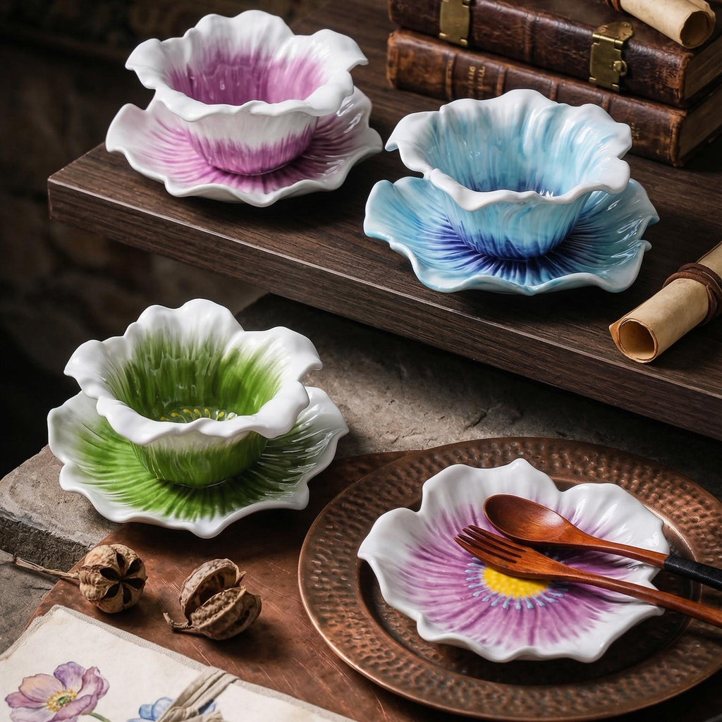 HongDian Magnolia Flower Cup with Saucer,Hand Pinched Hand Painted Porcelain Coffee Tea Cup,6/7 in,220ml 8 oz,Purple Blue Green,SGS Tested Underglaze Fade Resistant,Microwave Dishwasher Oven Sterilizer Safe,Home Gift Party All Ages
