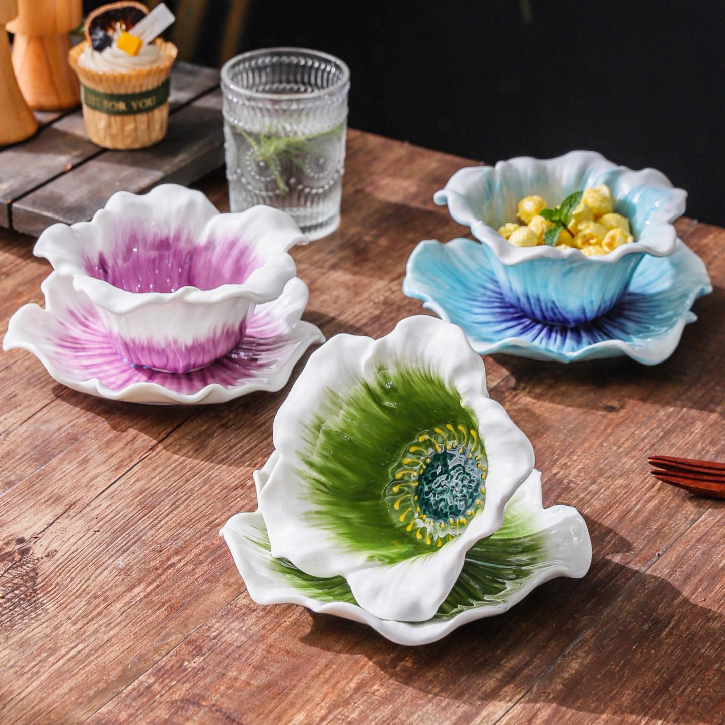 HongDian Magnolia Flower Cup with Saucer,Hand Pinched Hand Painted Porcelain Coffee Tea Cup,6/7 in,220ml 8 oz,Purple Blue Green,SGS Tested Underglaze Fade Resistant,Microwave Dishwasher Oven Sterilizer Safe,Home Gift Party All Ages