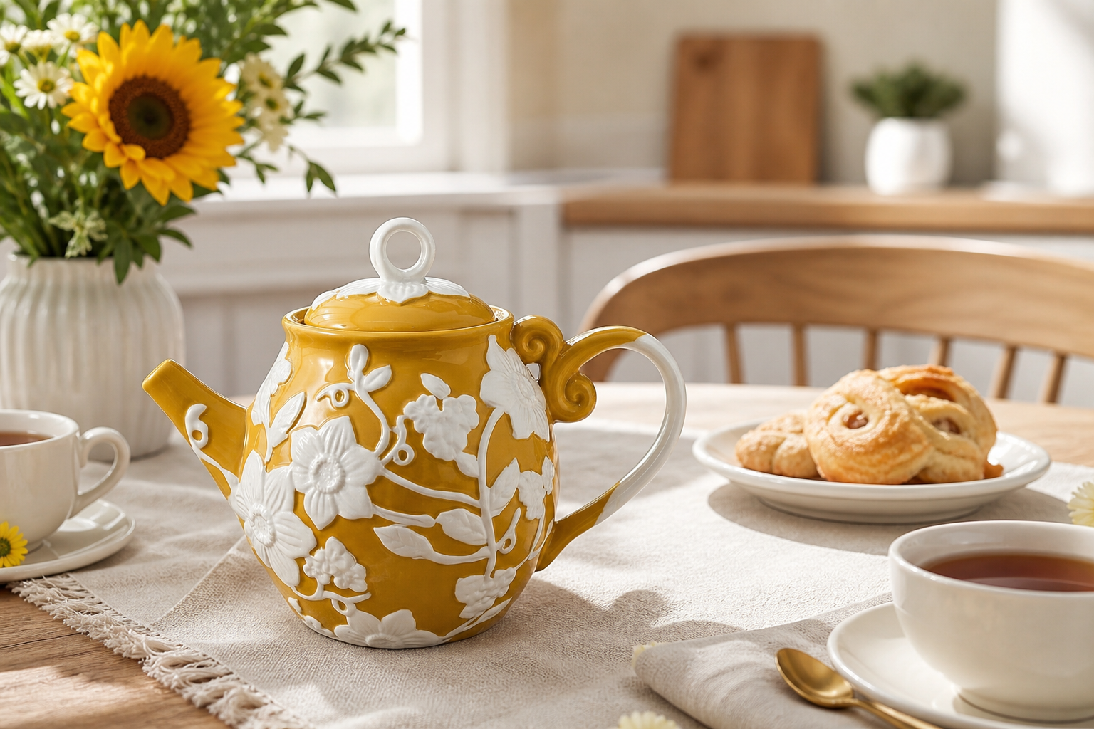 HongDian ceramic teapot on a warm American breakfast table